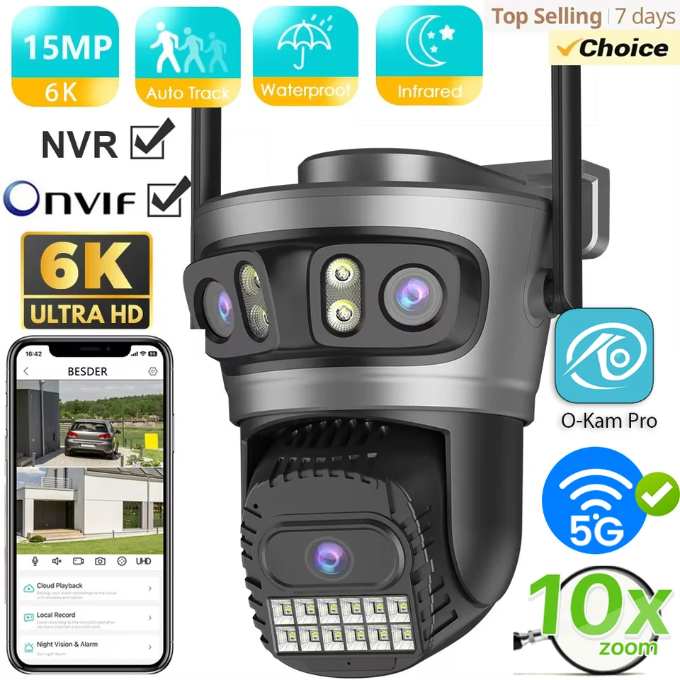 Besder 15MP WiFi Camera Outdoor Automatické sledovanie Multi obrazovky 10x digitálne zoom PTZ bezpečnostná ochrana CCTV Sledovanie O-KAM PRO