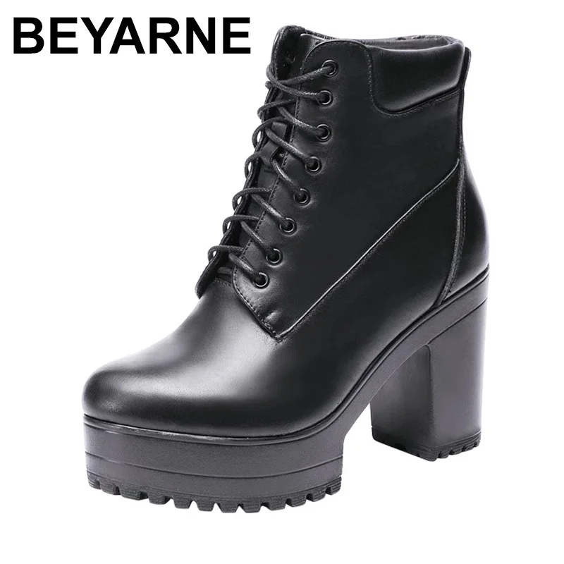 Beyarneboot podpätky Ženské platformy topánky vysoké podpätky členkové topánky pre ženy biele čierne bloky päty punk gotické bojové topánky