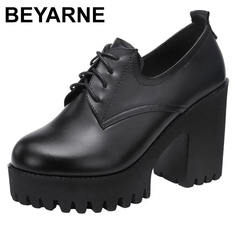 Beyarneplus size32-43block Patter Platforma Pumps Dámske topánky Fall Zimné podpätky topánky Dámske Oxfordské kožené topánky na prácu