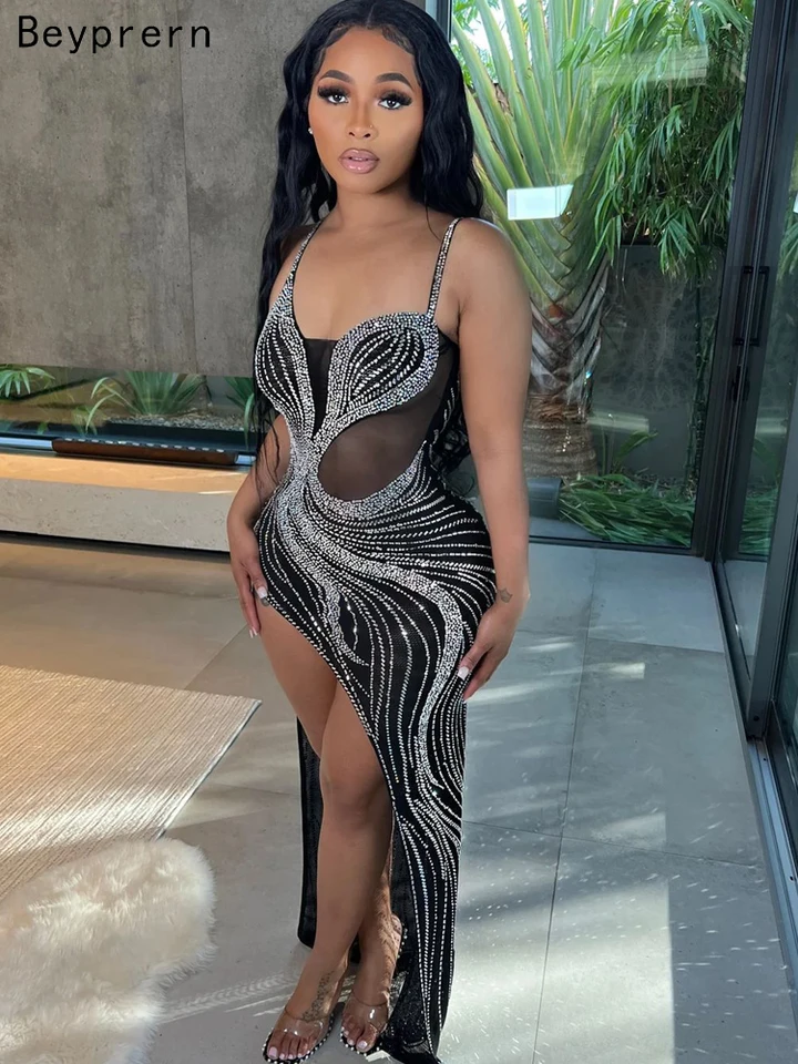 Beyprern Luxury Black Crystal Long maxi šaty šaty štiepky iskra pletelo Patchwork High Slit Party Club šaty narodeniny oblečenie nočné oblečenie
