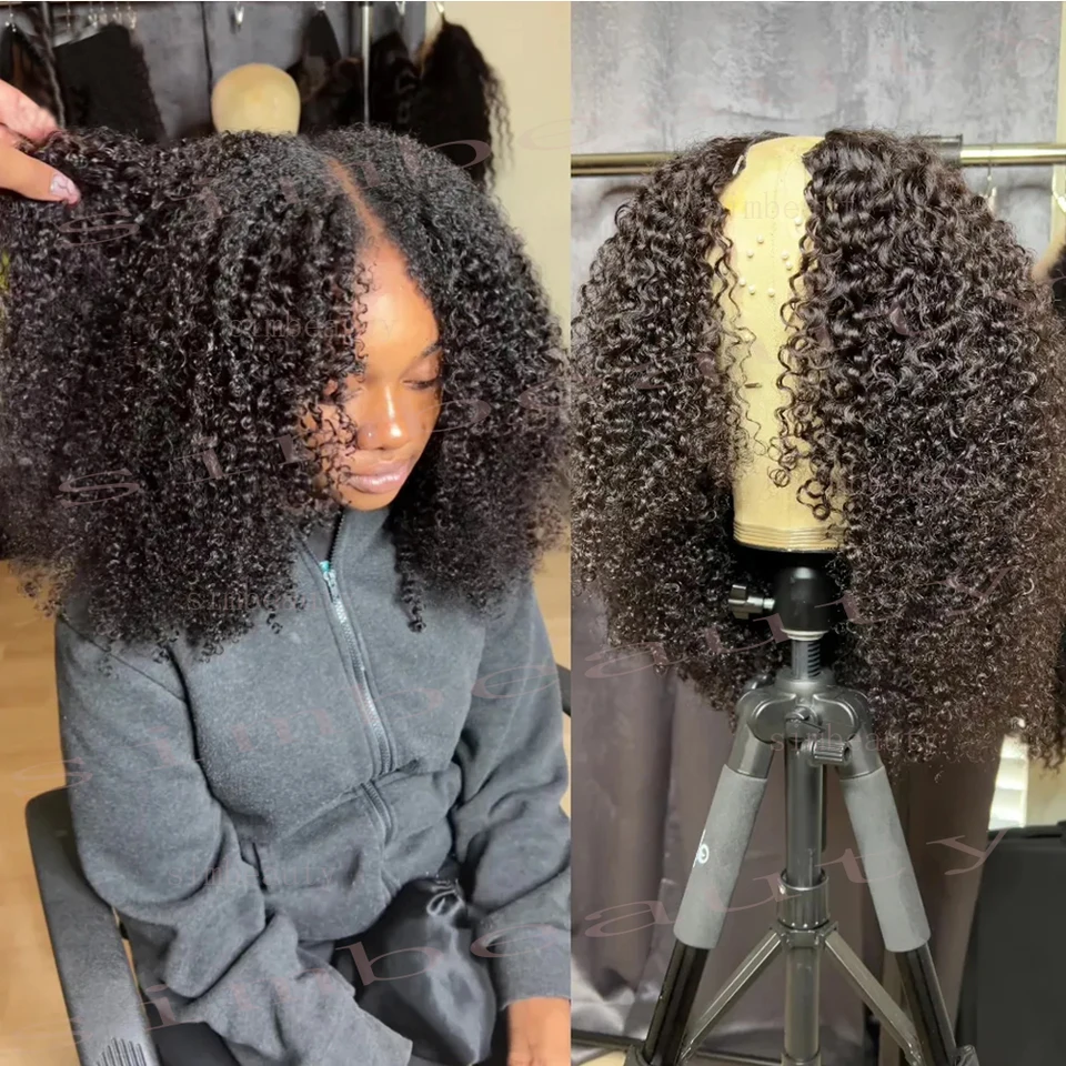 Bez Glueless Afro Kinky Curly No Out Out Out Out Out Out of Middle U Part 100% ľudské vlasy parochne pre ženy 200/250 hustota plné tvary 4a 4b remy vlasy