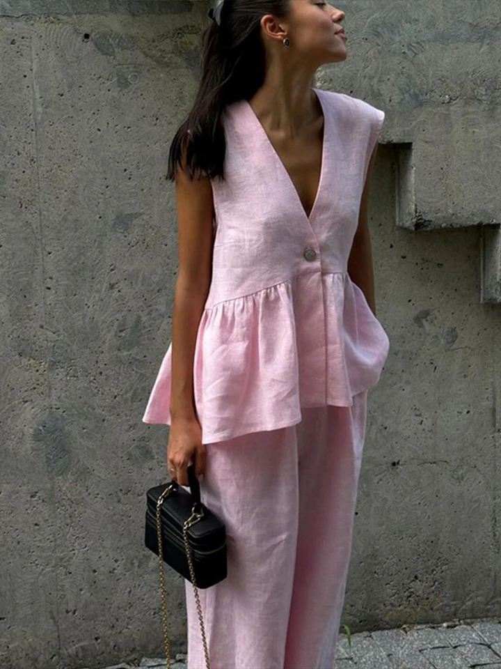 Bez rukávov V s krkom na krk dlhé nohavice Dlhé dámske sada Elegantné ružové ružové košele so širokým nohavicou s vysokým pásom súpravy