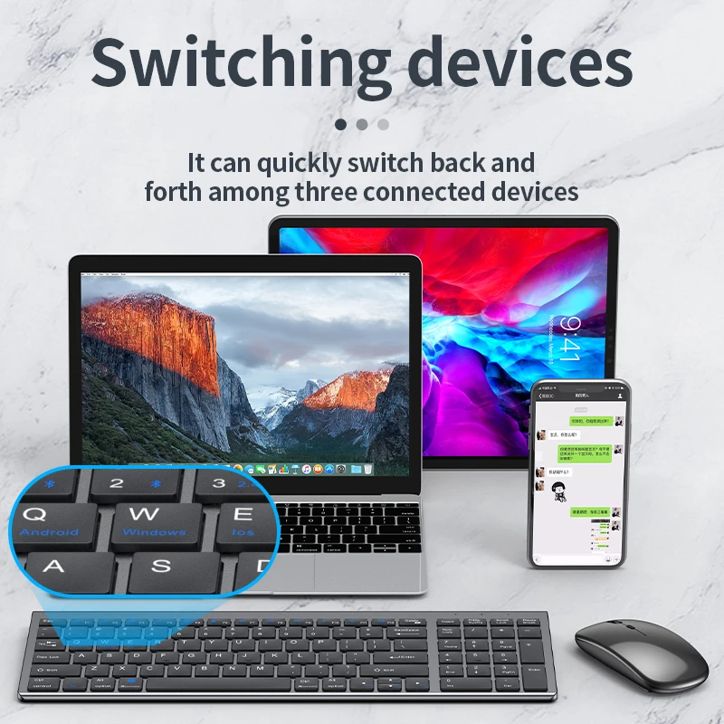 Bezdrôtová klávesnica Bluetooth Trojmode Tichá pokojná bezdrôtová klávesnica a myš Combo pre notebook prenosný počítač PC Tablet