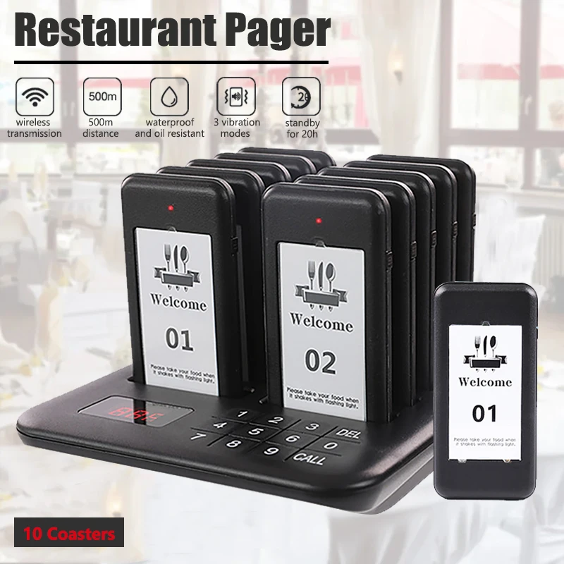 Bezdrôtová reštaurácia Pager 10 Coasters Buzzer Paging Hosť volanie vo fronte pre front pre barovú kaviareň Burger Shop Food Truck Truck