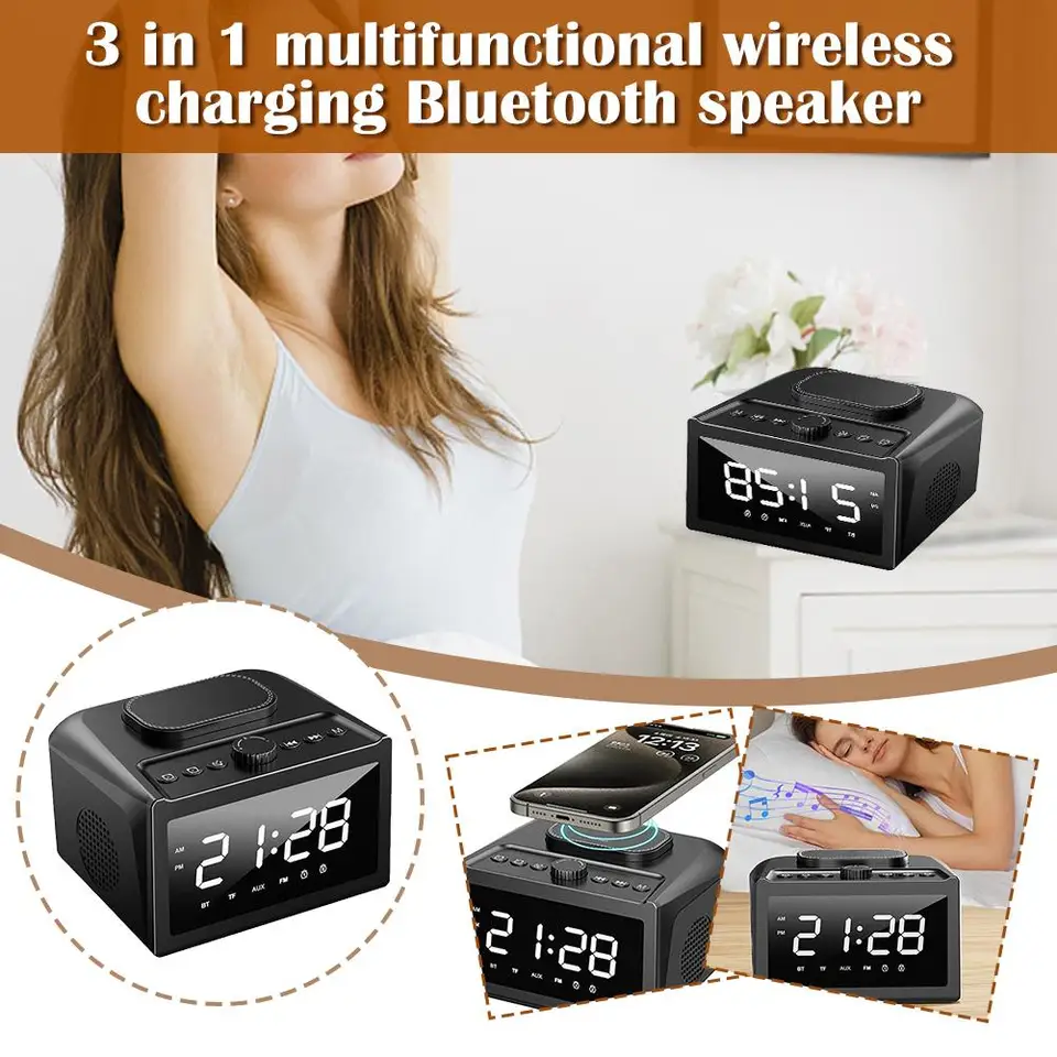 Bezdrôtové nabíjanie Bluetooth Reproduktor 3-v-1 Multifunkčné hodiny reproduktorov Bluetooth Clock Správa Dual Wireless Alarg Charg i8b7