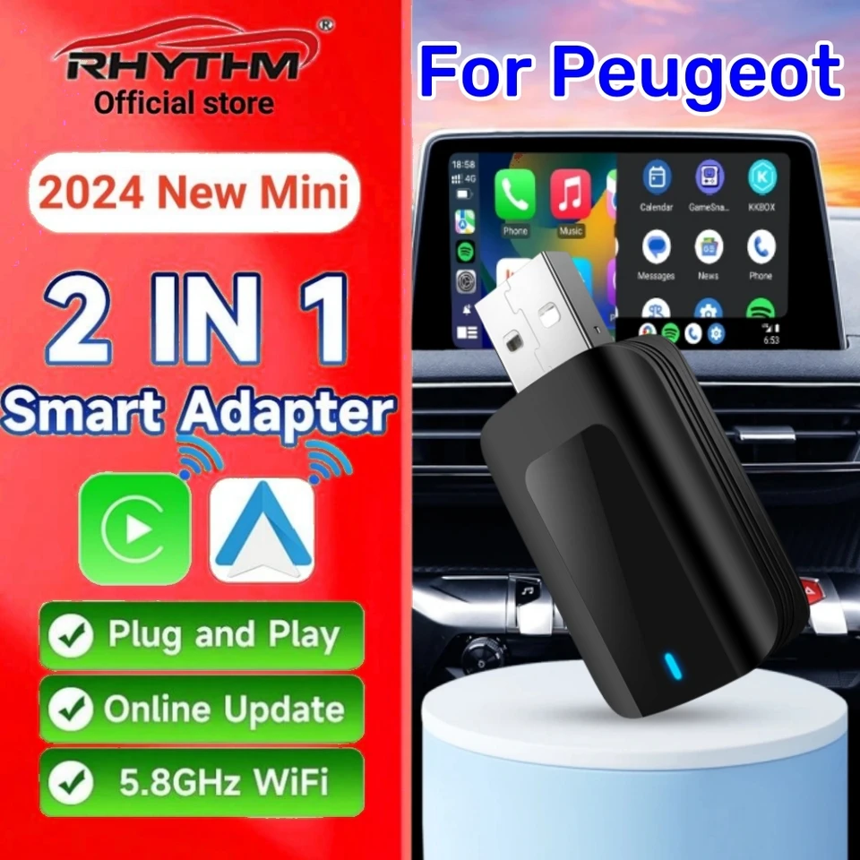 Bezdrôtový adaptér CarPlay Android Auto 2in1 Smart Dongle Play & Plug pre Peugeot 208 2008 308S 3008 4008 408 301 301 308 308 SW 508
