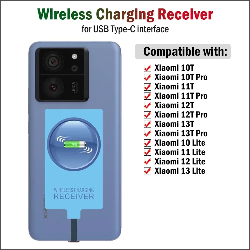 Bezdrôtový nabíjací prijímač USB nabíjačku typu C pre Xiaomi 14T 13T 12T 11T Pro / 11 12 13 Lite / Mi 9T 10T Pro
