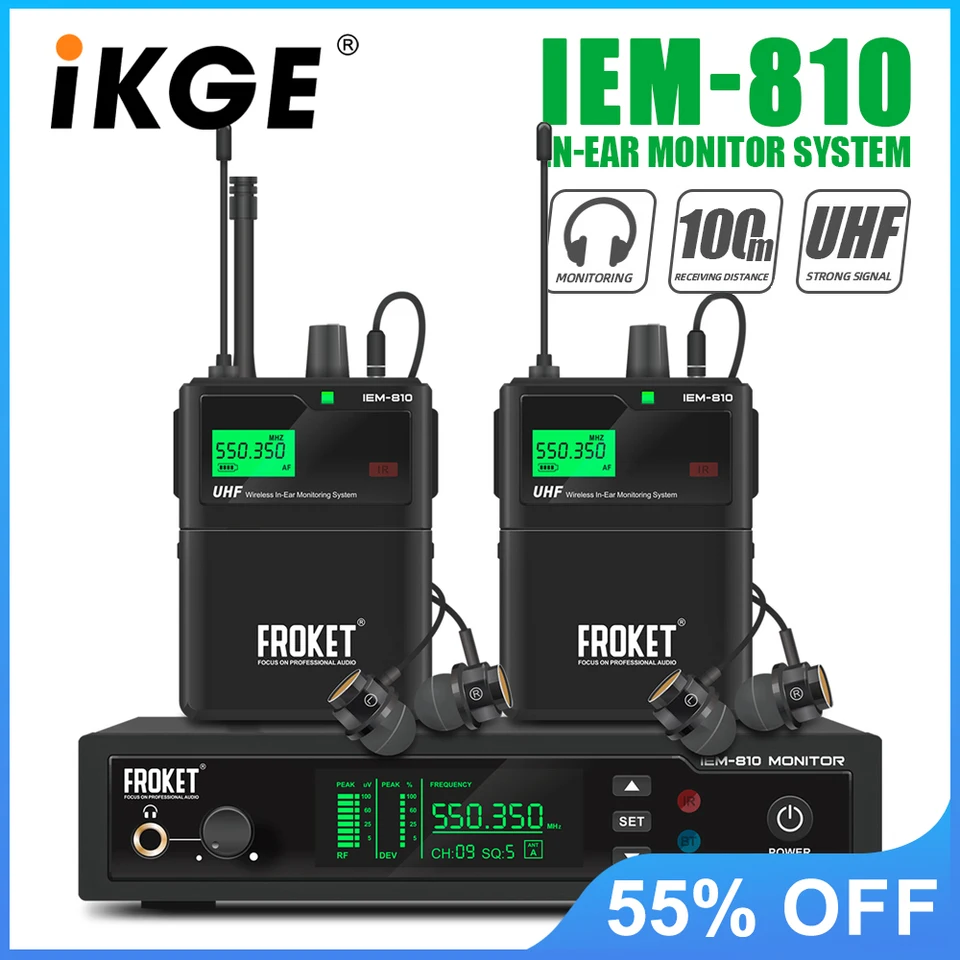 Bezdrôtový systém IEM-810 UHF Monitorovanie do uší, 80 metrov, 530-580 MHz, pre javiskové predstavenia, kapely, kostoly, bubeníci
