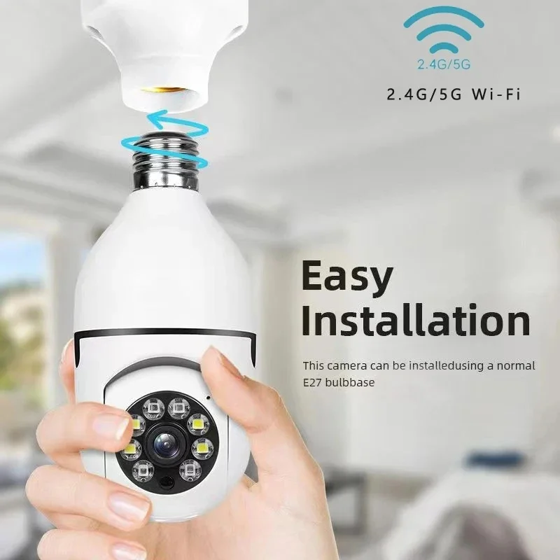 Bezpečnostná kamera s žiarovkou 2.4g a 5 GHz WiFi Outdoor, 1080p E27 Svetelná bezpečnostná kamera, vnútorný 360 ° Zobraziť, farebné nočné videnie