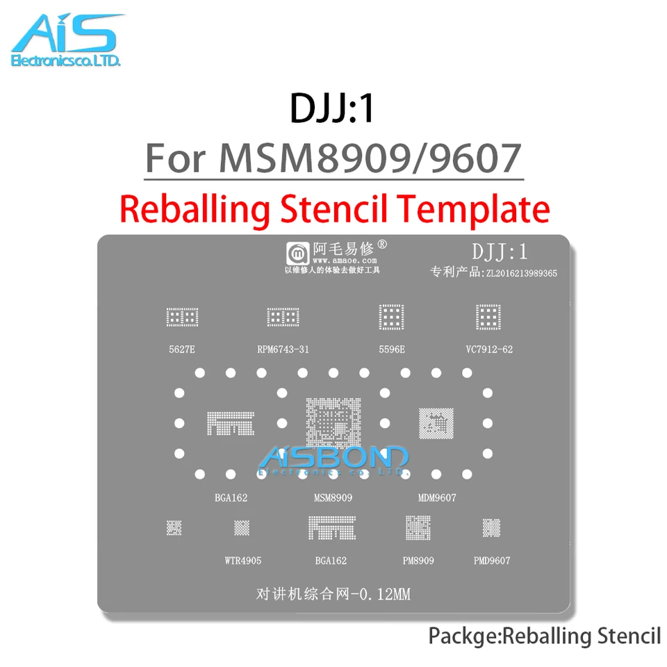 BGA Reballing Stencil pre Walkie-Talkie MSM8909 MSM9607 5627E 5596E RPM6743-31 VC7912-62 PM8909 PMD9607 WTR4905 Opravy spájka