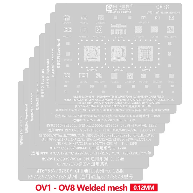 BGA Reballing šablóna šablóny pre Oppo Vivo Huawei Xiaomi CPU SM7250 MT6855Z A11 A52 K3 RENO2 R17PRO U5X Zváraná sieť