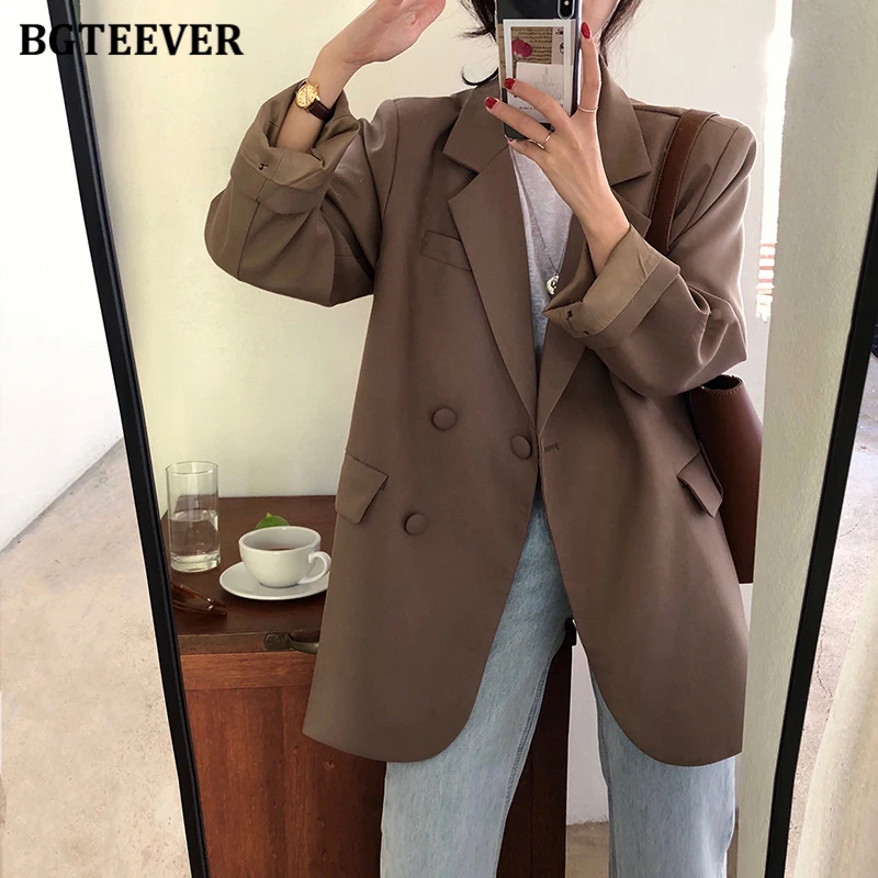 Bgteever Chic Loose Brown Women Blazer Jarné leto Summer One Gompet Suck Bunda Plné rukávy Outwear Blaser Femme 2021