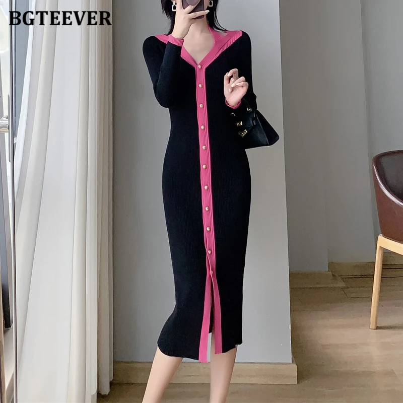 Bgteever Štýlový V-krk štíhly pás Žena pletené šaty Bodycon Elegantné dlhé rukávy Dám