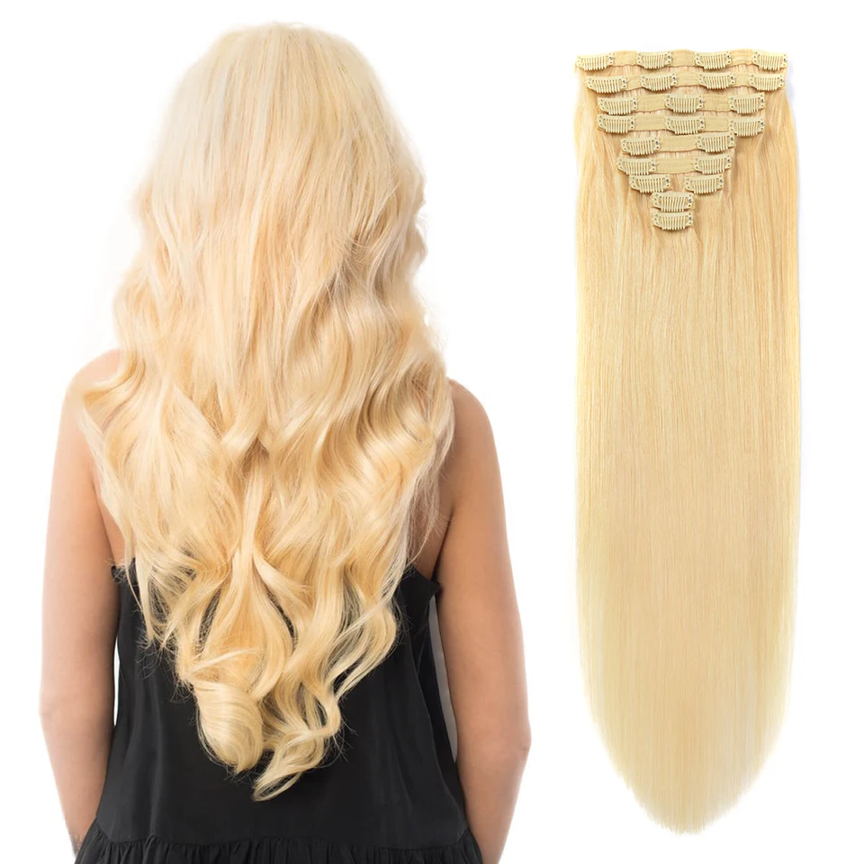 BHF Blonde Clip in Human Hair Extensions Double Otch 100% Remy Európsky priamy prírodný klip INS Účes