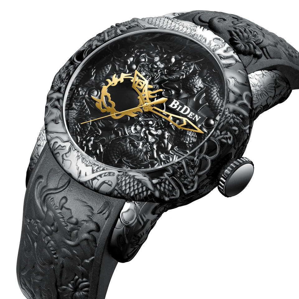 Biden High -end Atmosférické hodinky Pánske hodinky s veľkým číselníkom, 3D vyrezávaný drak vodotesný športový Quartz Watch, pánske relogio feminino