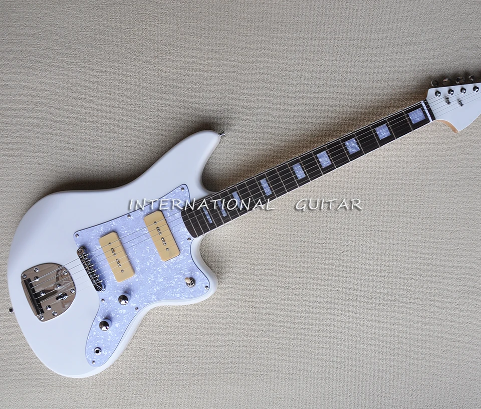 Biela 6 strún elektrická gitara s hmatníkom Rosewood, biela perlová pickguard, prispôsobiteľná