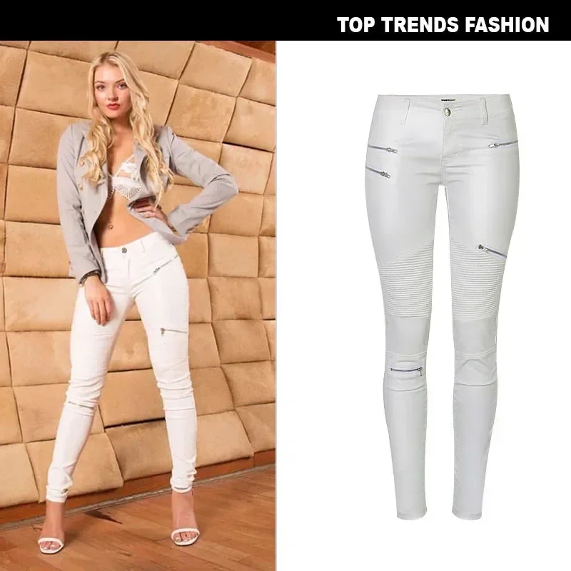 Biela faux kožená denim legíny Patchwork Multi Zipper Motocykle Dámske nohavice