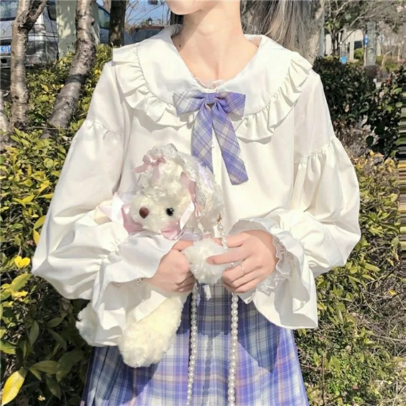 Biela japonská sladká košeľa Kawaii Doll Collar Lolita Dlhý rukáv Študent JK Uniforma 2025 Nová top blúzka