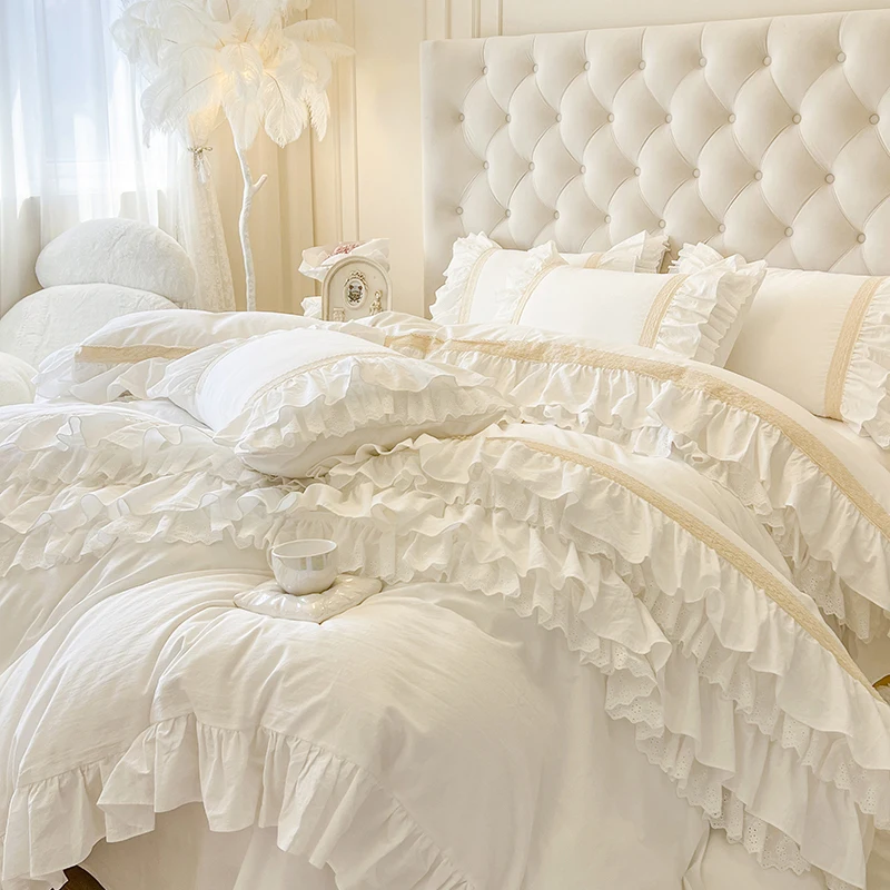 Biela princezná svadobná obliečka Sada 100% bavlnená dvojvrstvová čipka Lace Lace Cover Cover Bed Liet Liečité vankúše vankúše v vankúši