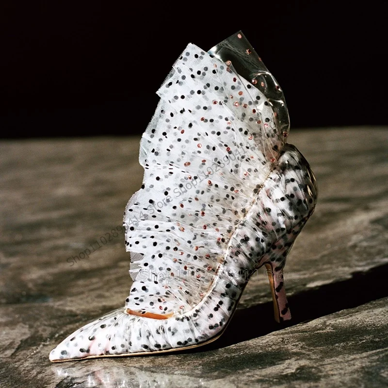 Biela sieťovina Skladané voláre Polka Dot Dot Smerted Pumps Pumps Slip On Women Shoes Thin High Päty nové móda 2023 Zapatos para muchyre