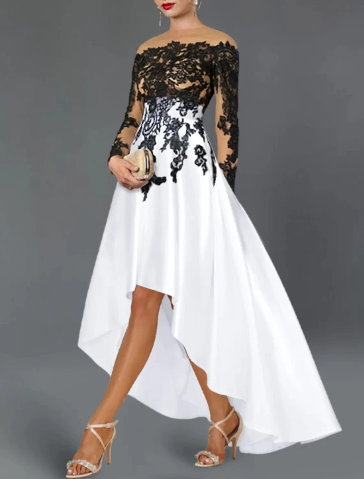 Biela čierna vysoká nízka plesová párty šaty ilúzia krk čipky s dlhými rukávmi saténové večere formálne šaty 2025 robe de soirée