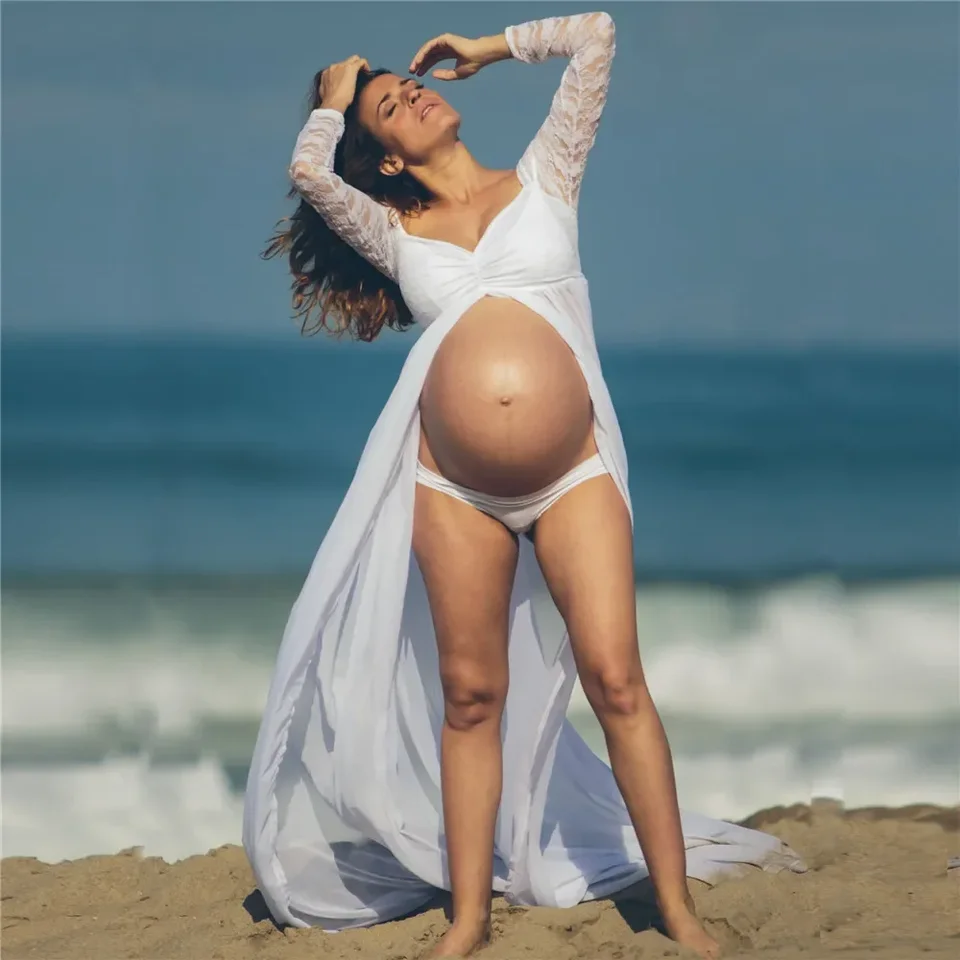 Biela čipka+šifónové materské šaty Photography Tehotenstvo natáčanie šaty Sexy rozdelené predné ženy Tehotné šaty maxi šaty pre fotografiu prop