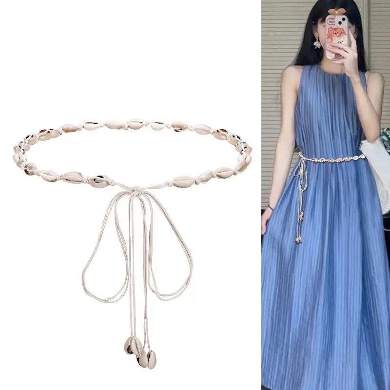 Biela škrupina tenký pás pre ženy pre ženy Český etnický štýl tkaný pás lana Lopy Lady Dress Ozdobné remienky letné príslušenstvo