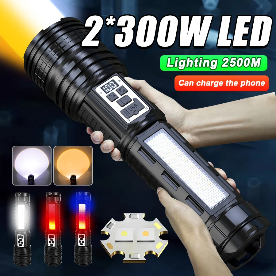 Biela+žltá vysoko napájaná LED baterka s Cob Lights Svetlá priblížiteľná lampa taktická lucerna vstavaná batéria Super Bright Torch Light