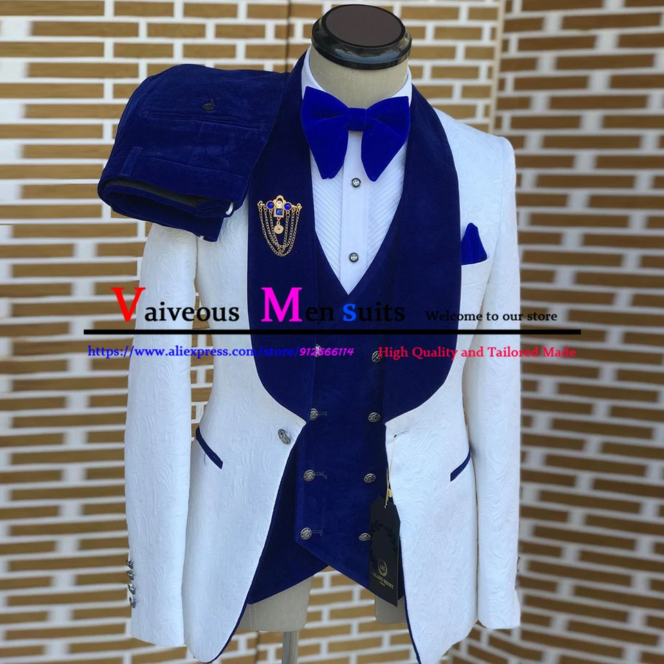 Biele Jacquard Suits for Men Slim Fit 3 kusy Kráľovský modrý klopa Svadobný oblek pre mužov módny ženích Party smokedos svadobné šaty