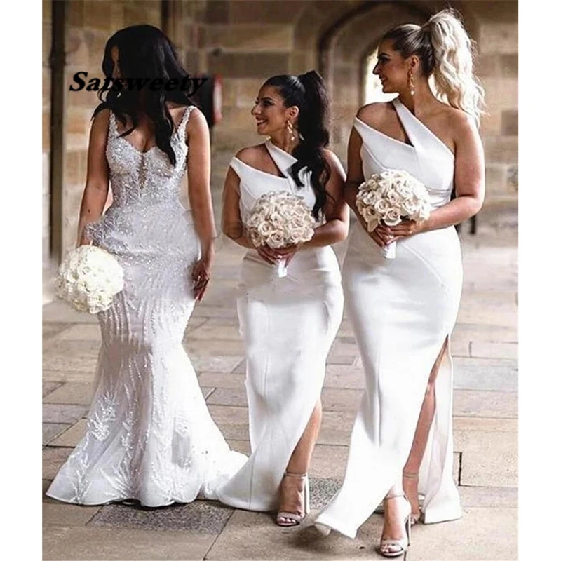Biele jednom ramene svadobné šaty Panelové morské panny družičky šaty elastické saténové strana Split Vestido de Festa de Casamento