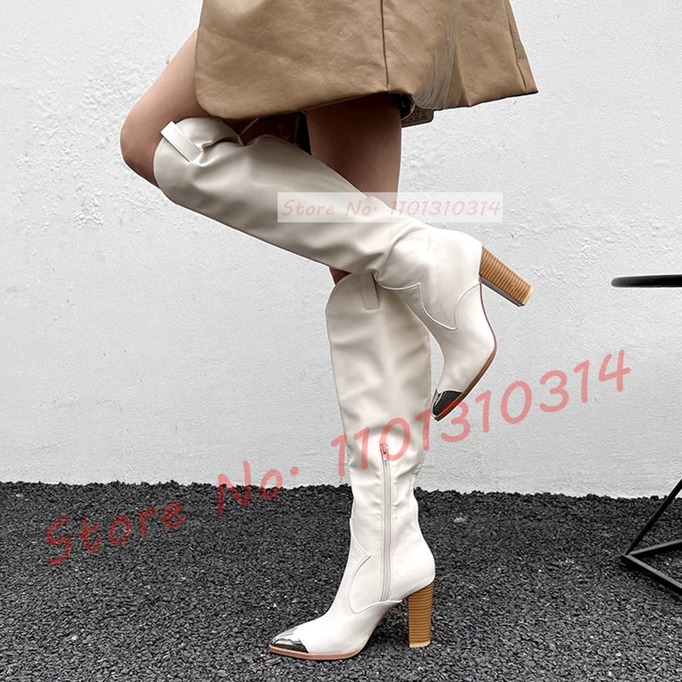 Biele kovové špicaté rytierske topánky Ženy Trendy Slouchy béžové nubuck koleno vysoké topánky Dámy veľkej veľkosti štýlové päty vysokých blokov topánky