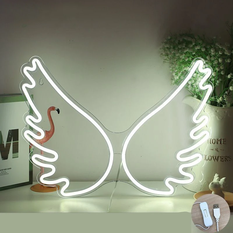 Biele krídla neónové svetlo 45x33cm biele LED LED DEA SPORIL NEON LIVETS pre krst narodeniny bábätko výročie výročia večierku DECON