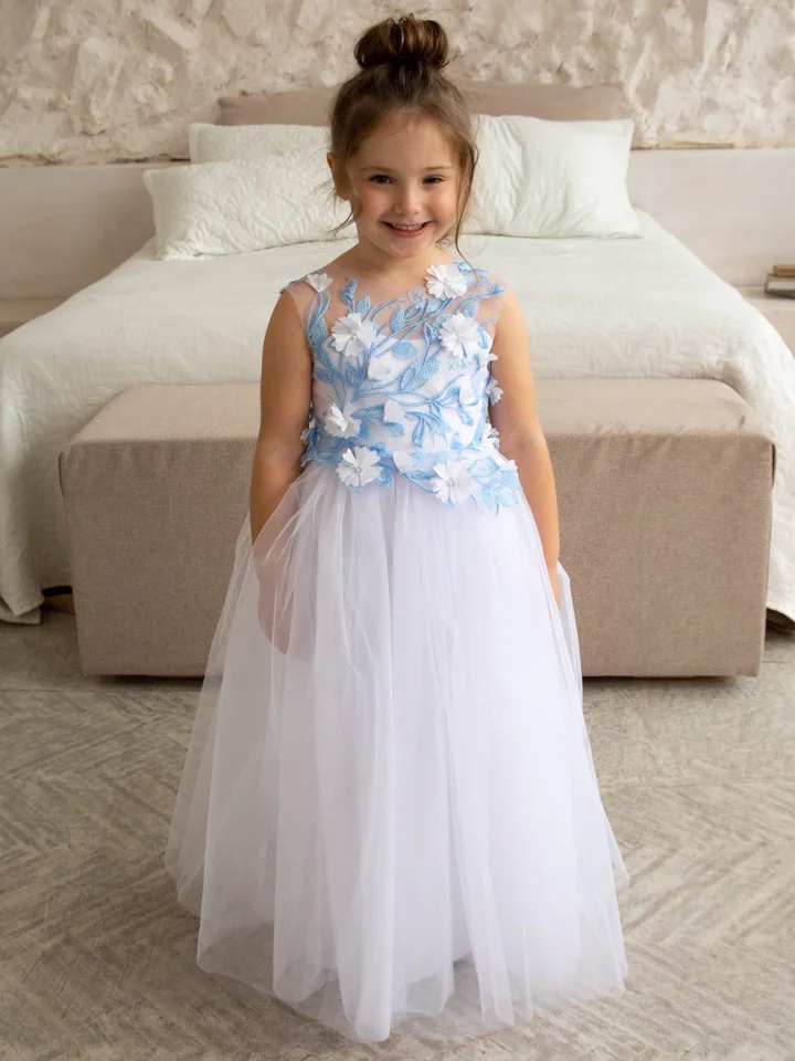 Biele kvetinové šaty Tylové modré aplikácie s bez rukávov bez rukávov na svadobné narodeniny banket First Communion Gowns