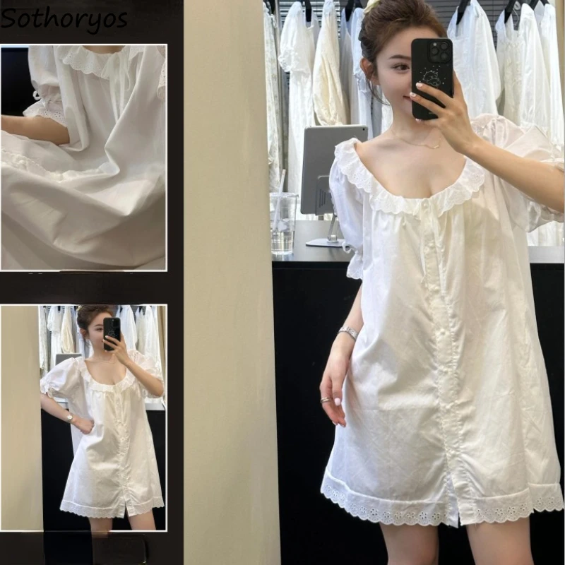Biele nočné košele Ženy BAGGY LACE SWEET LOOBLE SPEALNÉ SPEALICKÉ ZAPOJENIE Domov Kórejský štýl Študenti Všetky zápasy Priedušné jednoduché salónik Nový