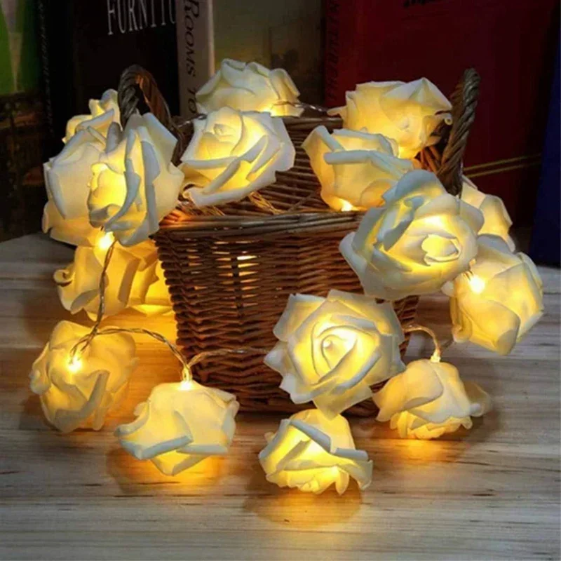 Biele ružové kvetinové strunové svetlá, batériu, deň svätého Valentína, svadba, domáca párty, dekorácie narodenín, 10 LED, 20led