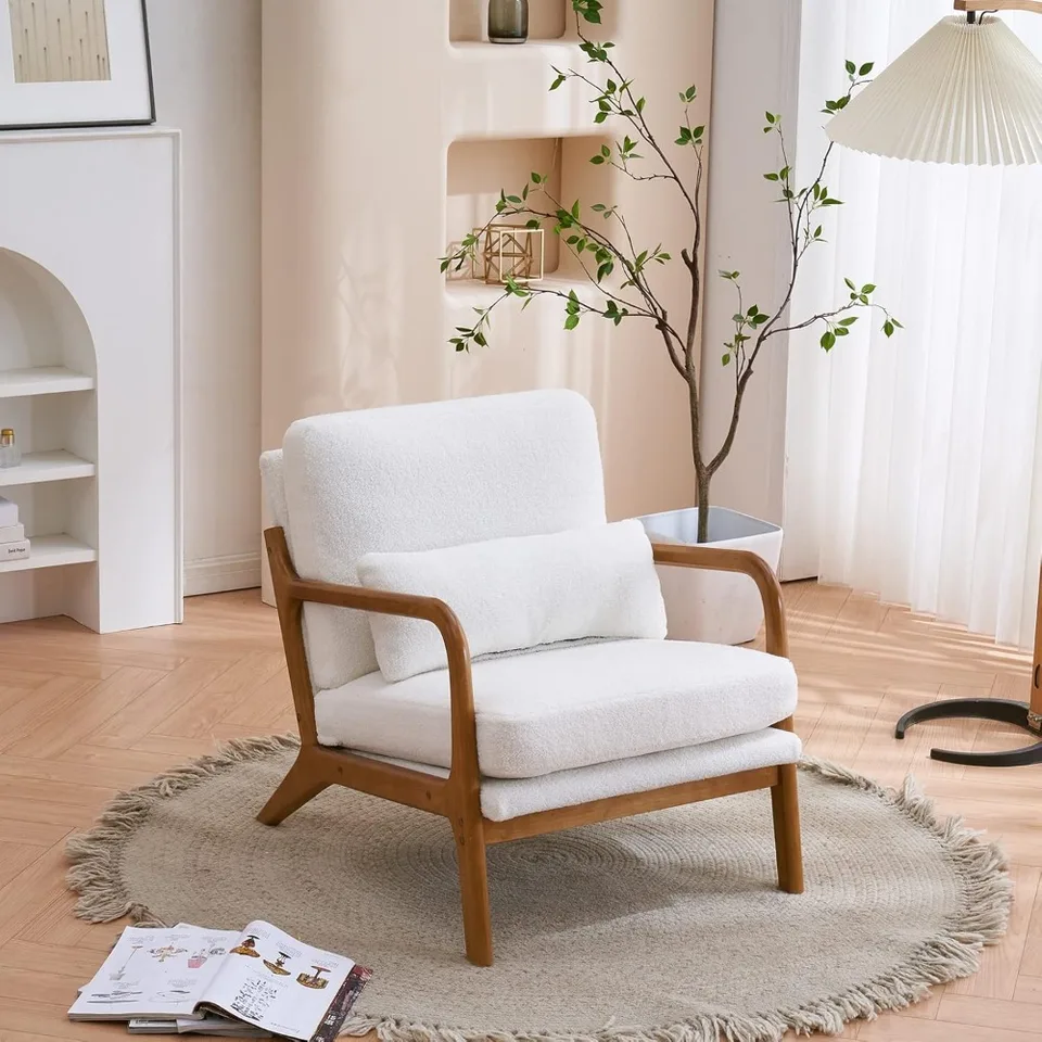 Biele Teddy Fleece Comfy Accent Chair, Moderné salónik v polovici storočia pre obývaciu izbu