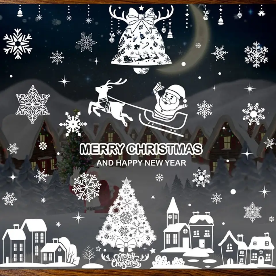 Biele vianočné statické nálepky darčeky karikatúra Santa Claus Snowman Elk veselé vianočné prístroje Ornament shopwindow dekorácie nástenné umenie