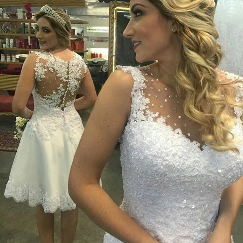 Biele čipkované aplikácie Krátke svadobné šaty číre zadné gombíky lacné krátke svadobné šaty robe de soiree