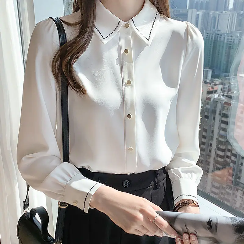 Biele šifónové tričko Dámske dámske s dlhým rukávom mládež pre mládež Patchwork Office Blousing Spring Autumn New Solid Fashion Kórejské oblečenie