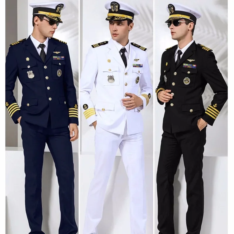 Biely americký námorný uniformný dôstojník oblek posádka jachta námornícky vojenský muž kapitánový bunda nohavice klobúk čiapka doplnky modrý čierny muž