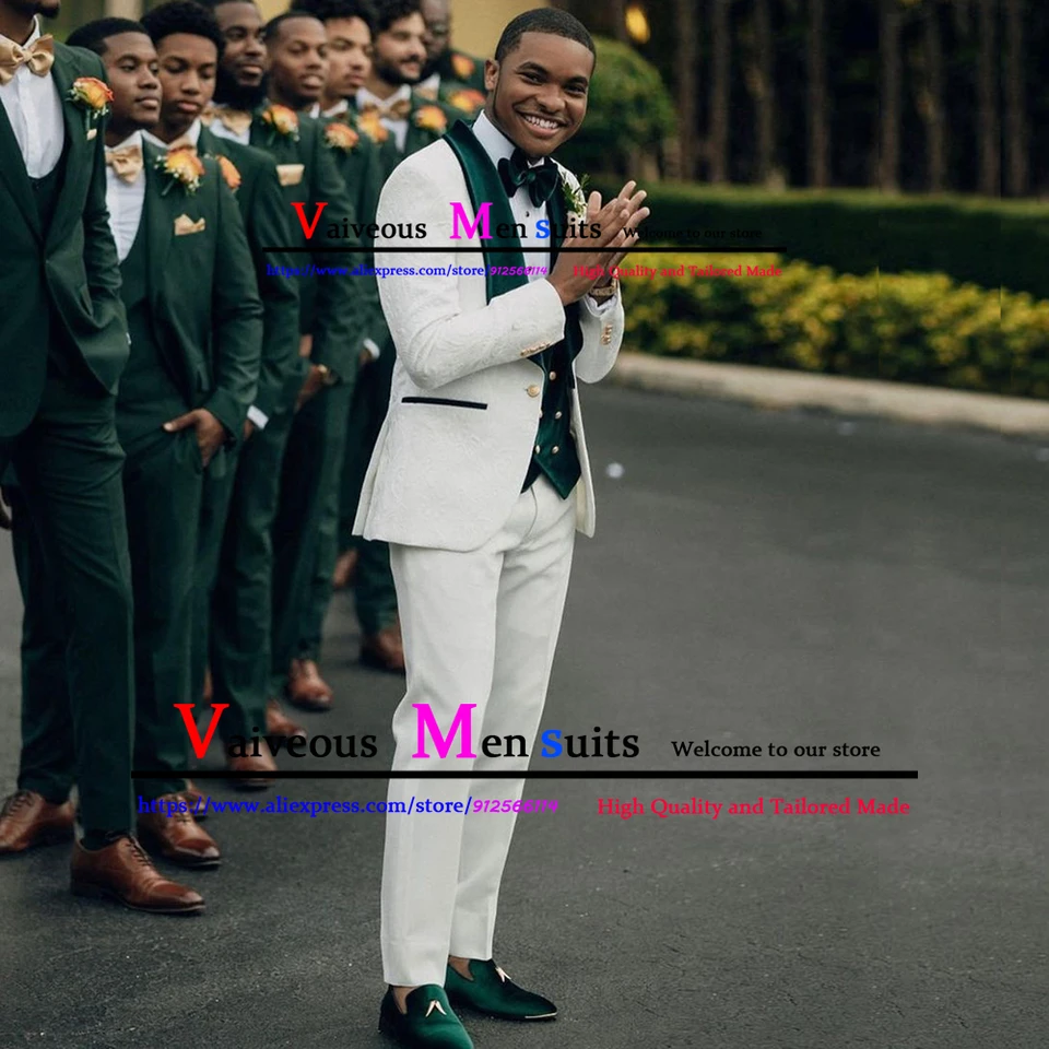Biely jacquard muži svadobný oblek 3 kusy Slim Slim Fit Tom tmavozelené zamatové klošné muži oblečené formálnym večierkom Groom Suit Traje de Novia