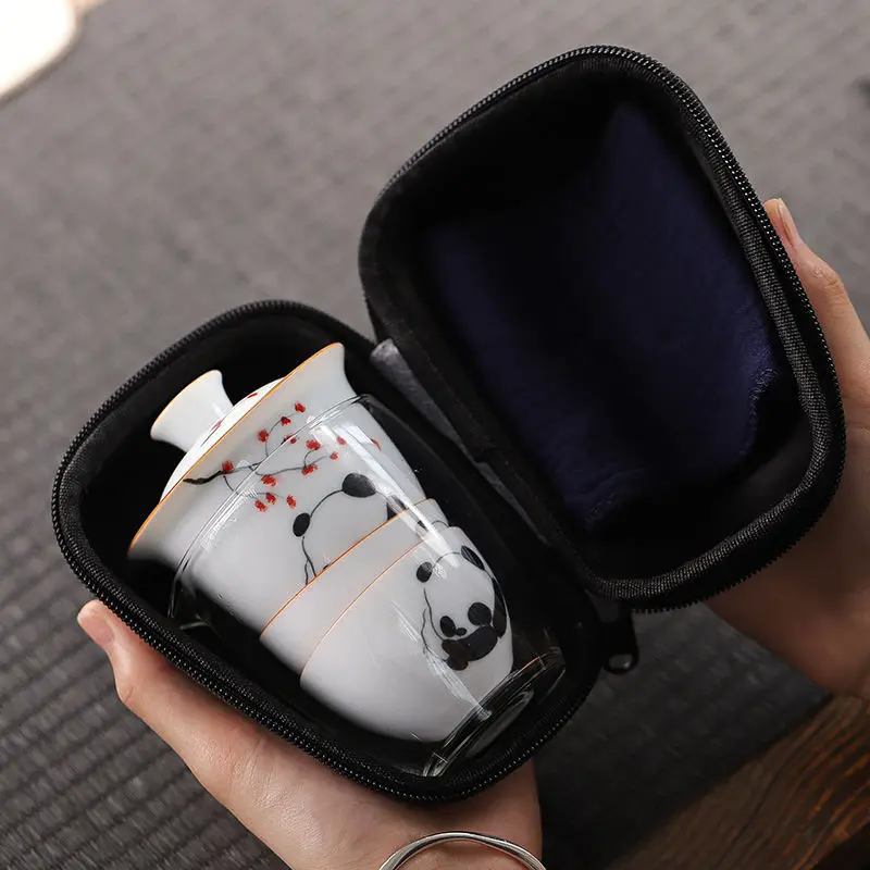 Biely porcelán podvádzanie ručne maľovaného panda cestovného čaju prenosné auto s hrncom a tromi šálkami keramiky kung-fu čajový set darček