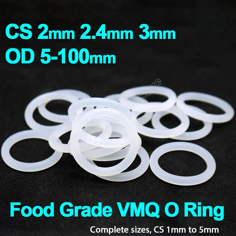 Biely silikón o krúžok vmq tesnenie tesnenia CS 2 2,4 3 mm Potravinová vodotesná podložka Gumový izolát O-krúžok OD 5 6 7 8 9 10 11-100 mm