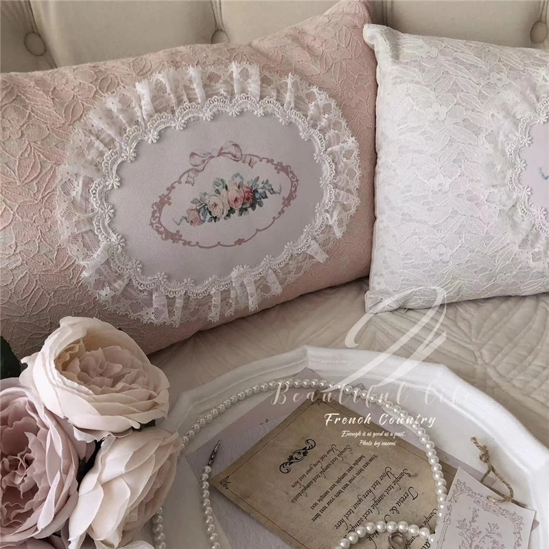 Biely čipkovaný vankúš vankúš Elegantný ružový vankúšik domáci pohovka dekoratívna vankúšová spálňa obdĺžnikový chrbát vankúš