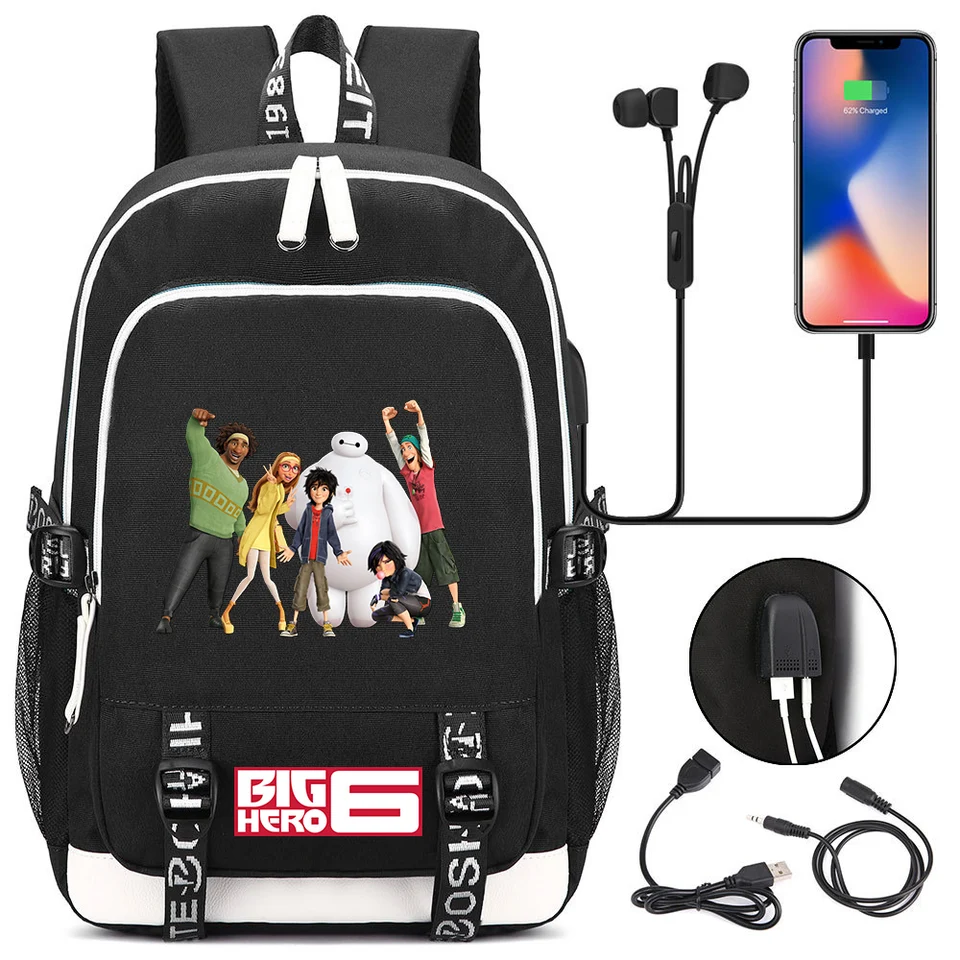 Big Hero 6 Baymax NAPOHLÁTOK BATKY Student USB Nabíjanie batohu FABALE FARBIL TLAČ RUCKSACK