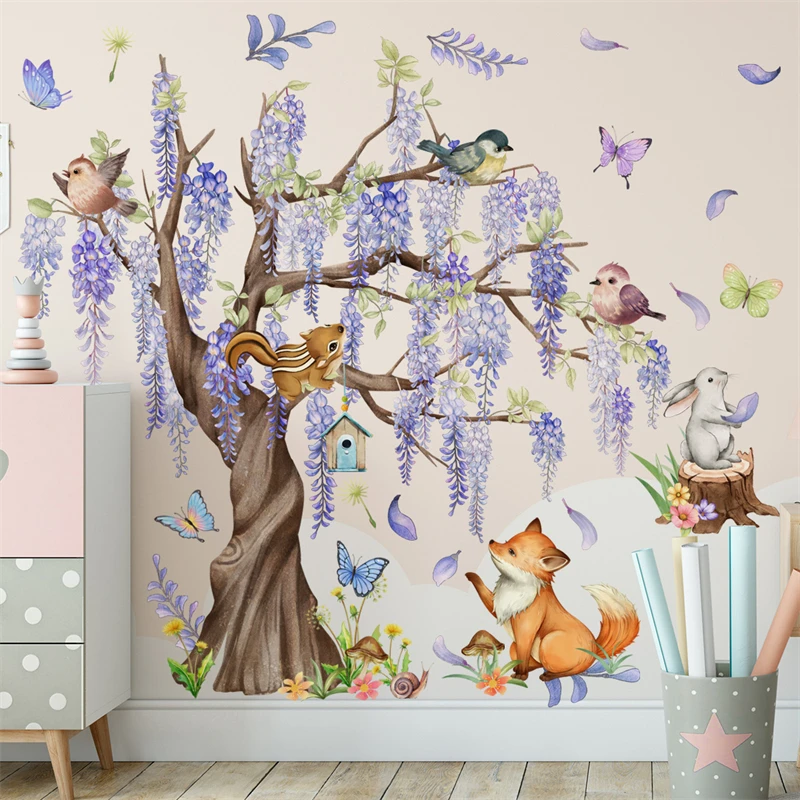 Big Wisteria Tree Cartoon Animal Rabbit Fox Birds Birds Nálepky pre detské izby Detské chlapcov