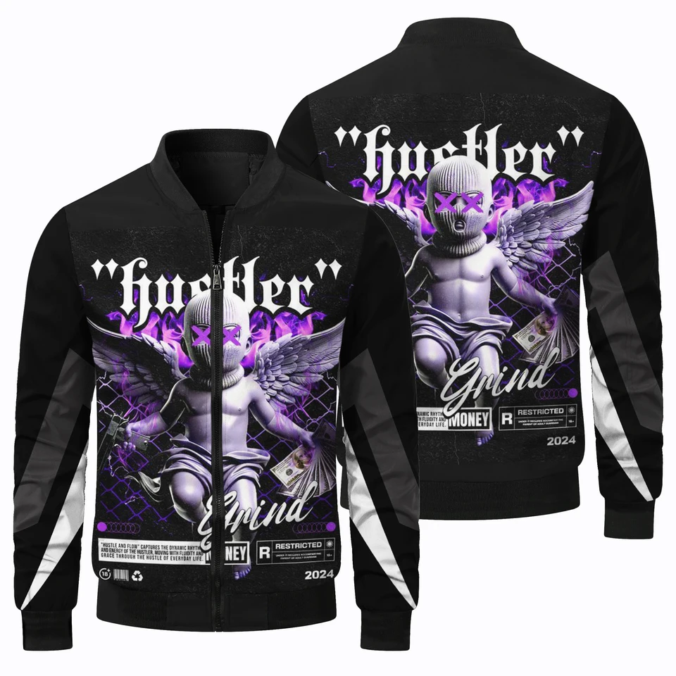 Bikerová bunda Fall New Hot Sale Baseball Bunda Pánska bunda Prispôsobené 3D tlač Purpurové anjelské vzorové oblečenie 2xs-4xl