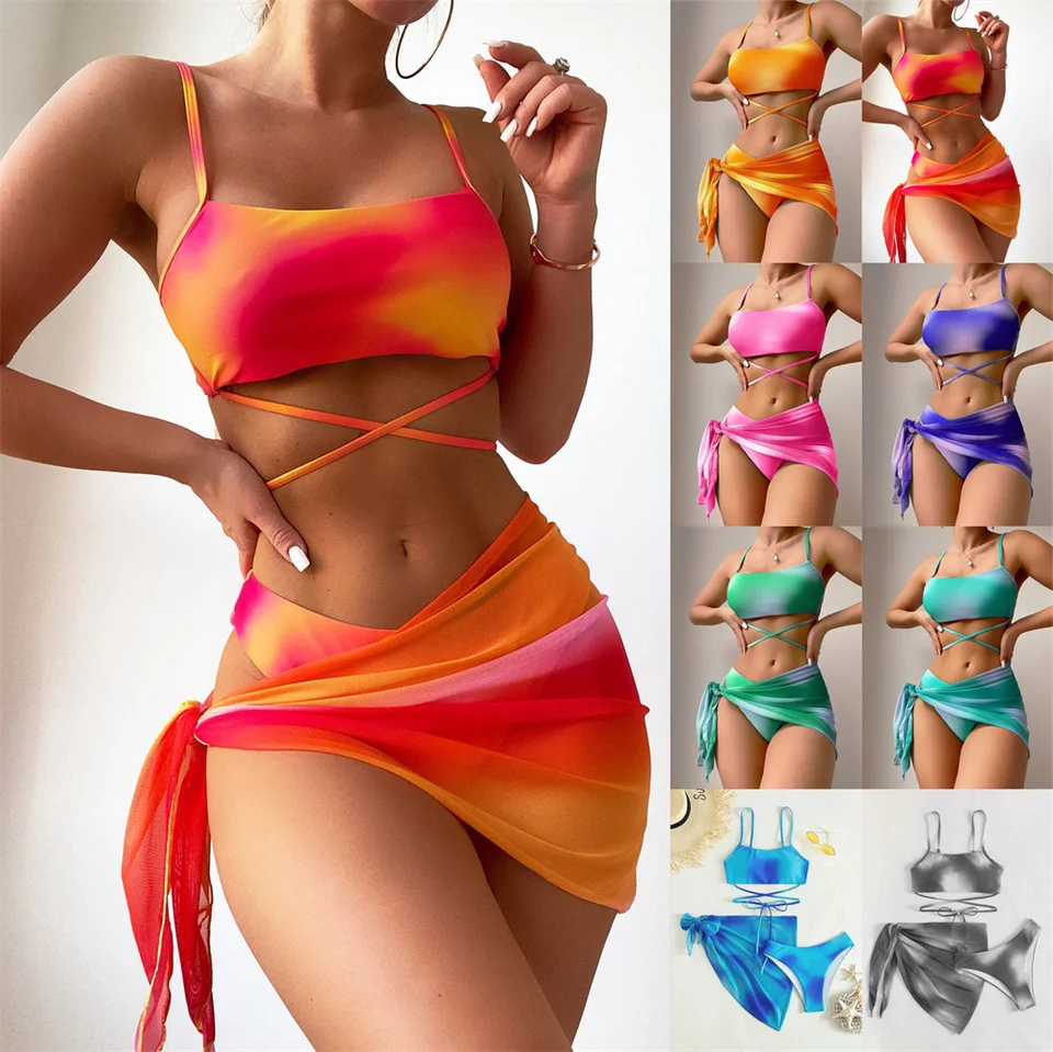 Bikini spodná sieťová sukňa trojdielna sada dámsky plážový obal sukňu letné pokrytie plaviek sexy krátke sarongové spodné prádlo obleky