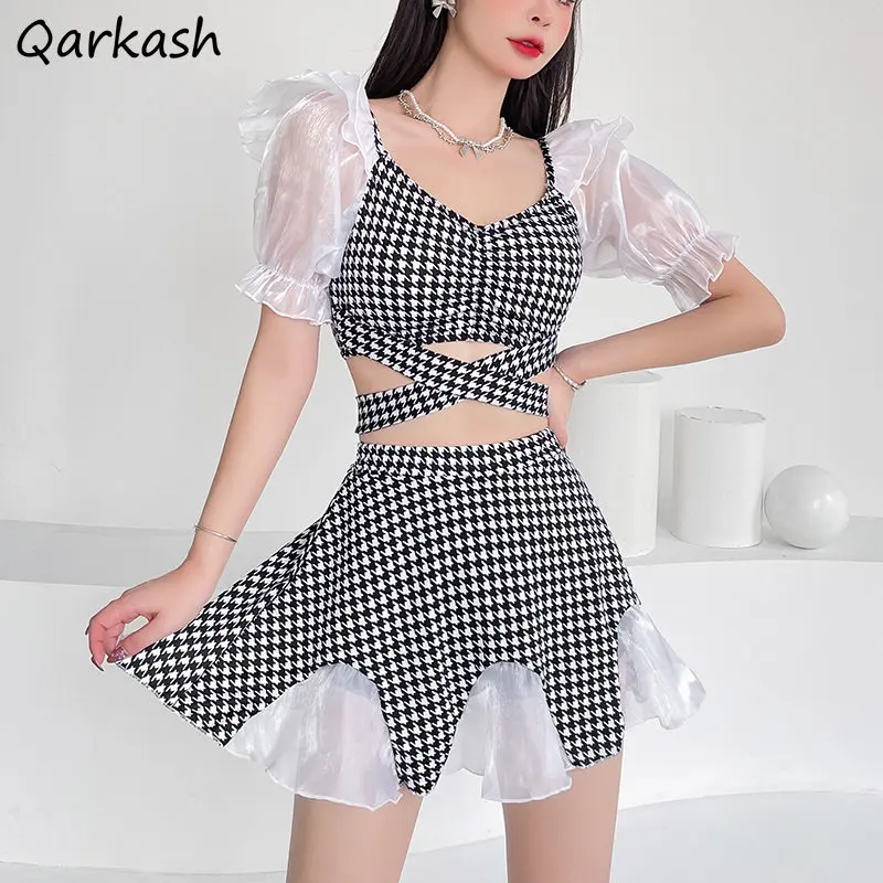 Bikiny set žien s dvoma kusmi kockované oblúkové rukávy A-line vinobranie obväz Sexy oblečenie plážové oblečenie kawaii dovolenka High pás populárny