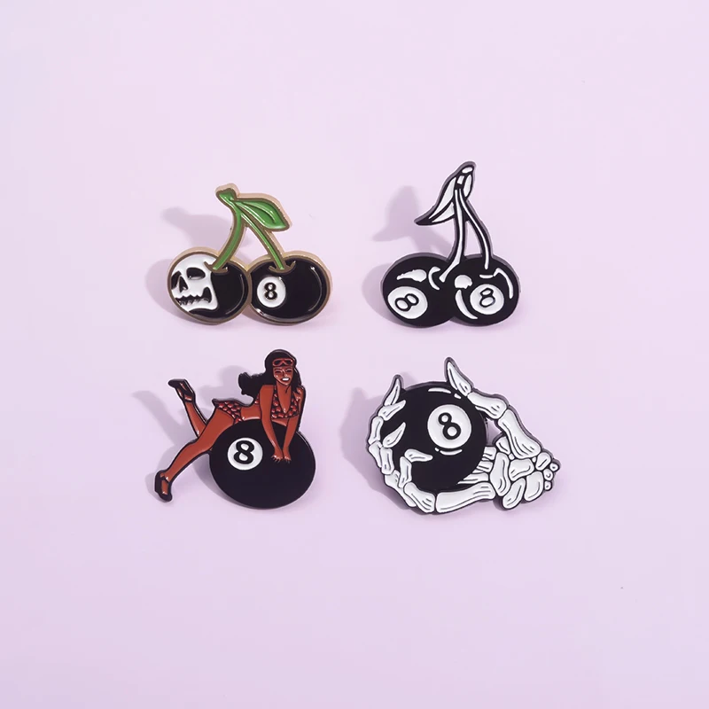 Biliard loptičku číslo 8 ENAMEL PINS Creative Cherry 8 loptičku roztomilý klopa Badge Bodovky kovové brošní punkové doplnky šperky na darček